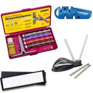 Lansky deluxe diamond sharpening system kit with sharpening stones, honing guide, and other tools for precision sharpening.